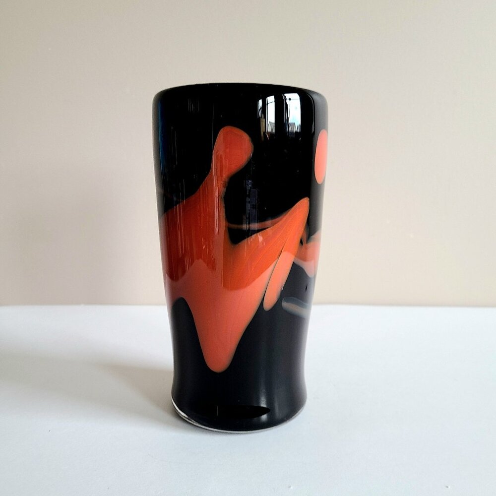 Hadeland Gro Bergslien or Murano Glass Black and Red Vase. Signed.